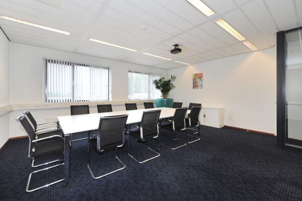Vergaderruimte aan de Laan van S-Gravenmade met lange tafel, tien stoelen, grote plant en projectiescherm.
